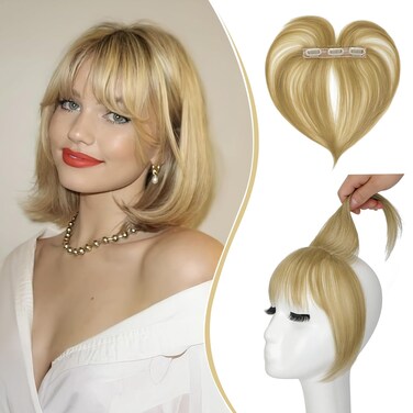 FELENDY Hair Toppers For Women, Ash Blonde Bangs Hair Clip 360&deg; 3d Cover, Fake Bangs Clip in Fringe Hair Extensions with 3 Secure Clips Wipsy Bang