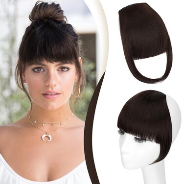 FELENDY Clip in Bangs Dark Brown Fake Bangs Natural Thick Front Full Bang Fringe with Temples Straight Across Bangs Hair Clip for Women French Bangs
