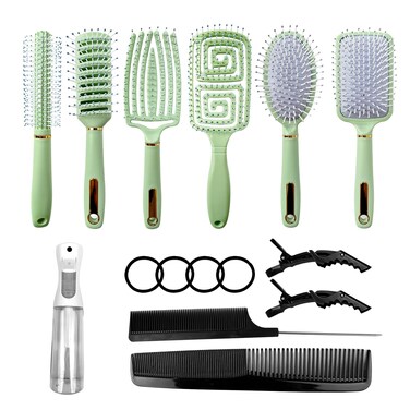 11PCS Hair Brush Set, Round Brush and Paddle Hair Brush Great on Wet Long Thick Hair, Detangling Brush and Spray Bottle for Wavy Curly Hair Green