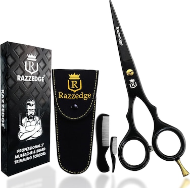 5" Professional Mustache &amp; Beard Scissors With 1 Beard, 1 Mustache Comb &amp; Travel Pouch, Stainless Steel Black Mustache &amp; Beard Trimming Scissors for Men Facial Hair and Grooming.