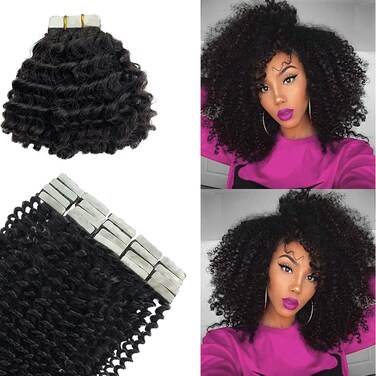 Curly Extensions, Kinky Curly Tape in Hair Extensions Brazilian 3C 4A Natural Black Human Hair Tape Hair Extensions for Black Women 20 Pieces 16 Inch 50g Remy Human Hair Tape Extensions