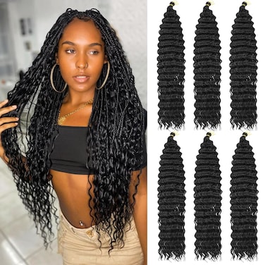 22Inch Ocean Wave 6Pack Crochet hair Extexsions Long Braids Deep wave Synthetic hair Curly Braiding hair for Black Women (22Inch (Pack of 6), Black)