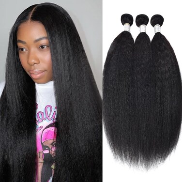 Kinky Straight Human Hair Bundles 20 22 24 Inch Yaki Straight Bundles Human Hair 100% Unprocessed 12A Brazilian Virgin Human Hair 3 Bundles Deals Natural Color
