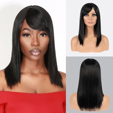 Bon Straight Hair Wig Long Layered Straight Hair with Bang Wig for Black Women Natural Light Yaki Textured Heat Resistant Synthetic Wigs (1B-OFFBLACK, 18 inch) - Sexy11