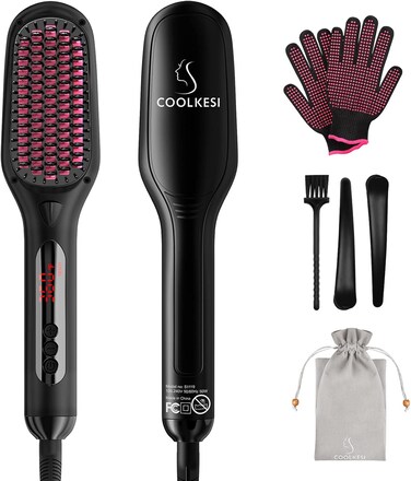 Ionic Hair Straightener Brush by COOLKESI, 30s Fast MCH Ceramic Heating Hair Straightening Brush with Anti Scald Feature, Auto-Off &amp; Dual Voltage, Portable Frizz-Free Silky Electric Straightening Comb