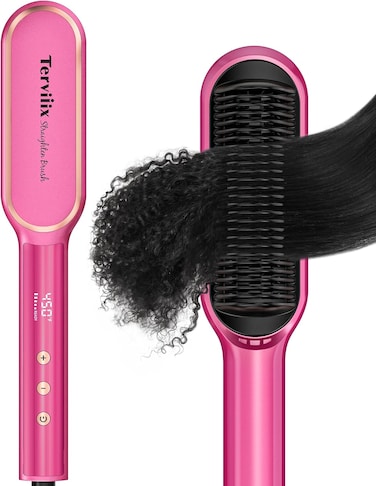 Terviiix Frizz Buster Ionic Hair Straightener Brush with MCH Heater - Rapid 450&deg;F in 20S, Hair Straightener Comb for Efficient One-Pass, Anti-Scald, 13 Heat Settings, Dual Voltage, Pink