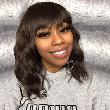 Short Curly Wig with Bangs for Women 14 Inches Dark Brown Wavy Bob Wig Synthetic Heat Resistant Fiber Wigs (Dark Brown)