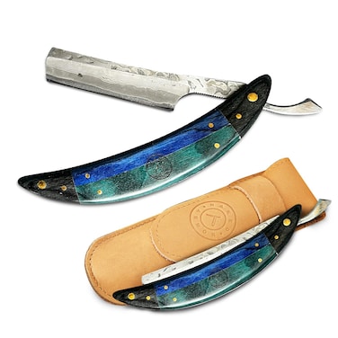 Damascus Straight Razor - Shave Ready Straight Edge Razor, Damascus Steel + Ebony Wood Straight Razor for Men, Barber Approved Straight Razor, Mens Straight Razor, Leather Case, Close Shave, Gift