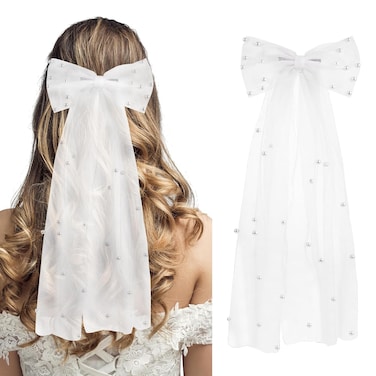 2PCS White Bridal Pearl Hair Bow Veil, Large Hair Bow with Barrette Hair Clip, Wedding Veil, for Bridal Bridesmaid Hair Accessories, Bachelorette Party Decorations