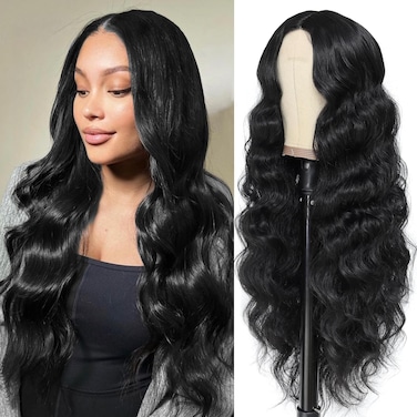 Long Black Wavy Wig For Women Body Wave Wavy Lace Wig Middle Part Natural Looking Synthetic Heat Resistant Fiber Wig for Daily Party Use(Black Wig,26 inch)