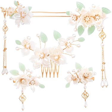 5PCS Camellia Flower Tassels Hairpin, Crystal Rhinestone Pearl Hair Clips, Chinese Hanfu Headpiece, Retro Wedding Party Hair Jewelry Accessories for Women Brides