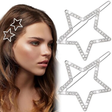 2pcs Star Hair Pin for Women, Sparkly Rhinestone Crystal Hair Bang Clips, Non-Slip Hollow Hair Barrette Accessories for Long Short Straight Curly Hair- Silver
