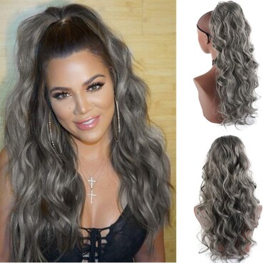 CINHOO 24 Inch Long Body Wavy Gray Drawstring Ponytail Extension for Black Women Clip in Ponytail Hair Extension Synthetic Curly Wavy Pony Tail Hairpiece for Women (24inch, Gray)