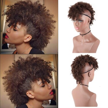 Aisaide Mohawk Ponytails for Black Women - High Puff Afro, Kinky Curly Synthetic Hair Bun with Bangs, Wrap Updo Clip in Extension