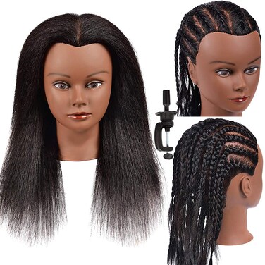 14 Inch Training Head - Real Hair, Cosmetology Doll for Hair Styling, Braiding, Curling, Coiling &amp; Display with Stand