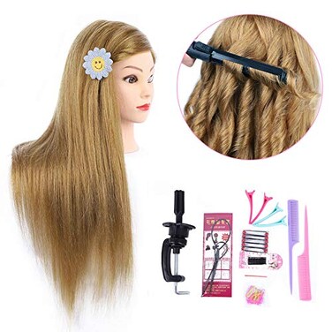MEDO 26 Inch Makeup Mannequin Head Long Straight Hair Dresser &amp; Practice Long Training Head Brown Synthetic Hair with 50% Real Hair Braiding Manikin Head Doll Cosmetology Head And Clamp(Makeup on, 27)