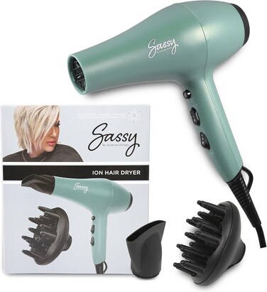 Sassy Ceramic Ion Hair Dryer, 1875-Watt Salon Dryer with Concentrator and Diffuser, Multiple Heat Settings and Cool Shot (Aqua)