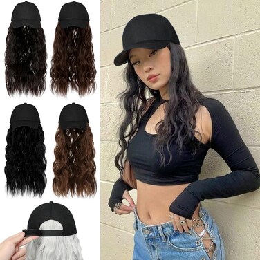 Qlenkay Baseball Hat Wig 24in Long Curly Wavy Extensions Synthetic Hairpiece Adjustable Cap Attached 2B Wave Hair for Women Dark Brown