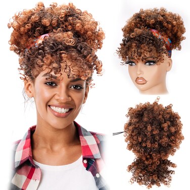 Drawstring Ponytail for Black Women, Afro Puff Kinky Curly Hair Ponytail Extension with Bangs Updo Natural Hair Ponytail (T30 Natural Black/Middle Brown)