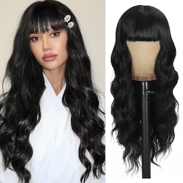 Black Wig with Bangs Curly wavy Wig for Women Long Natural Black wavy wigs skin-friendly synthetic fibersc for festival holiday Use 26IN