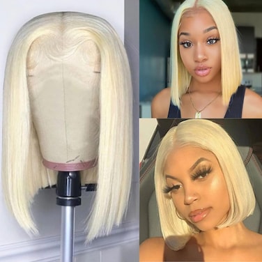 T Part Lace Front Bob Wigs 613 Blonde Virgin Hair Straight 12 Inch 13x1x4 Lace Short Bob Glueless Pre Plucked Hairline MIddle Part Bleached Knots Blonde Human Hair Wigs With Baby Hair 180% Density