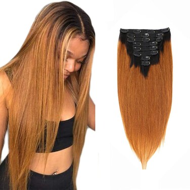 Clip in Hair Extensions Straight Hair for Women, 1B/30 Real Human Hair Double Weft Thick to Ends Clips ins Hair Extension, 1B/Brown Clip in Straight Hair Extension (18 inches)