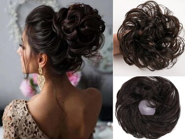 100% Human Hair Messy Bun Hair Pieces Drawstring Hair Scrunchie Wedding Donut Hair Ring Daily Hair Bun Lady Styling Tool Hair Accessories for Women Girls (BlackBrown)