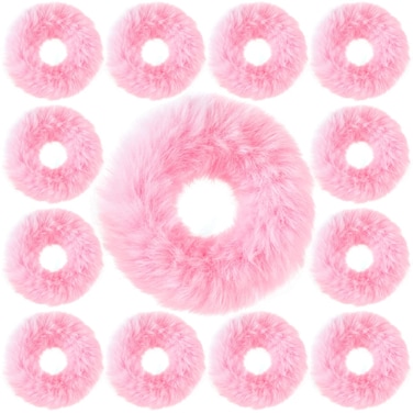 OIIKI Pink Fuzzy Hair Scrunchies, 14pcs Furry Hair Scrunchies Furry Hair Bands with Faux Rabbit Fur, Elastic Hair Tie Ponytail Holders for Girls Women Hair Accessories