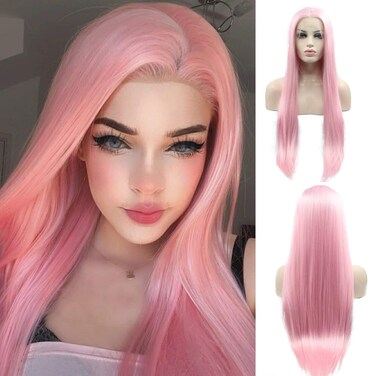 Peach Pink Wigs for Women Pastel Pink Lace Front Wig Pre Plucked Hairline Long Silky Straight Middle Part Wigs Glueless Wigs Synthetic Heat Resistnt Fiber Hair Cosplay Wig 24 Inch