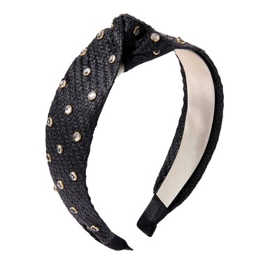 Rhinestone Rattan Headband Straw Headbands Fashion Rattan Wide Head Band Boho Headband Summer Bohemian Woven Headwear Hair Head Knot Headband for Woman Girl Hair Accessories(black)