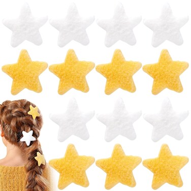 14pcs Fluffy Star Hair Clips for Women Girls, Non-Slip Soft Fuzzy Bangs Duckbill Clip, Sweet Style Hair Barrettes Alligator Accessories for Various Hairstyles - 7 Yellow &amp; 7 White