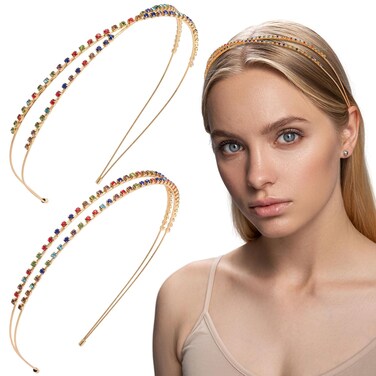 2pcs Double Rows Crystal Rhinestones Fashion Headbands Small Silver Rhinestone Headband Wedding Party Hair Hoop Band Hairband for Women Washing Head Bands Spa Yoga Workout Running Headbands