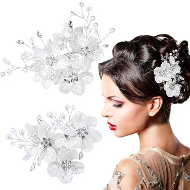 2Pcs Bride Wedding Pearl Hair Clips White Flower Hair Piece Rhinestone Shell Floral Bridal Hair Accessories for Women and Girls