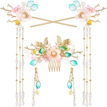 5PCS Goose Hairpin, Crystal Rhinestone Pearl Hair Clips Headpiece Retro Flower Chinese Hanfu Wedding Brides Hair Accessories Jewelry for Women Girls Updo Long Hair