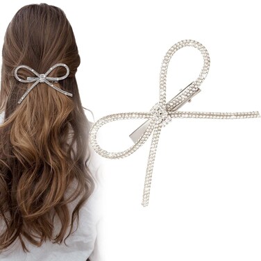 Bow Hair Clips,Rhinestone Crystal Bowknot Clips for Women Girls,Silver Hair Accessories for Party Halloween Vanlentine Mothers' Day（1PCS）