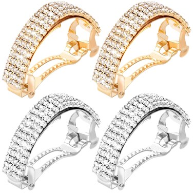 4 Pcs Rhinestone Hair Clips 2inch Silver Gold Bling Crystal Spring Barrettes Fancy Sparkle Wedding Prom Engagement Bridal Accessories for Women Girls Bride Long Thick Hair