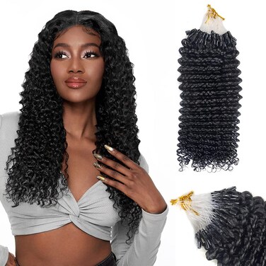 Micro Links Hair Extensions for Black Women Real Human Hair Kinky Curly Micro Link Hair Extensions Human Hair Natural Color 100 Strands 14 Inches