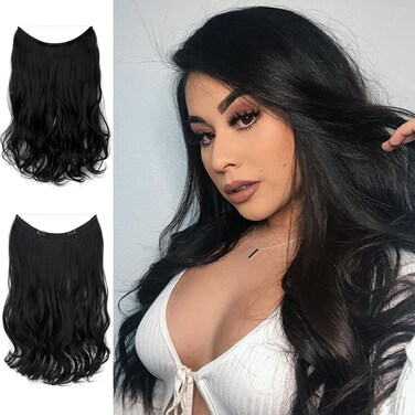 Synthetic Hair Extensions Wire with Invisible Transparent Fish Line Adjustable Hidden Secret Clip in Wavy Curly 20'' Hairpiece for Women Dark Black