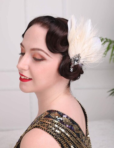 Aimimier 1920s Flapper Feather Hair Clip Ivory Headpiece Prom Party Roaring 20s Accessories for Women