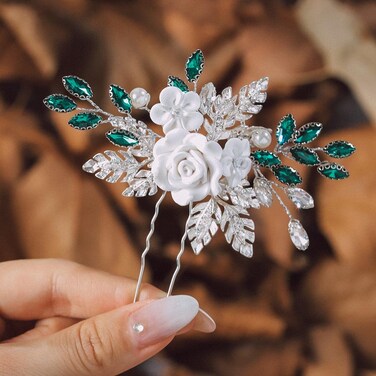 Campsis Bride Crystal Hair Pins Silver Rose Flower Wedding Hair Pieces Alloy Leaf Rhinestone Bridal Hair Accessories Hairstyles Bridesmaid Prom Dinner Party Photography for Women and Girls