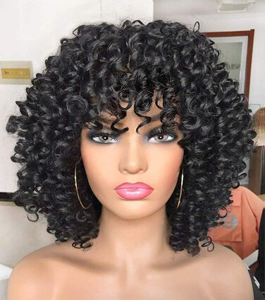 ANNIVIA Curly Afro Wig with Bangs Short Kinky Curly Wigs for Black Women Synthetic Fiber Soft Hair Short Curly Afro Wig (Black)