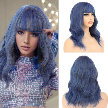 Short Curly Hair Wig with Bangs Synthetic High Density Shoulder Length Bob Wavy Wig for Women One Piece Heat Resistant Fluffy Cosplay Wig(Blue, 14inch)