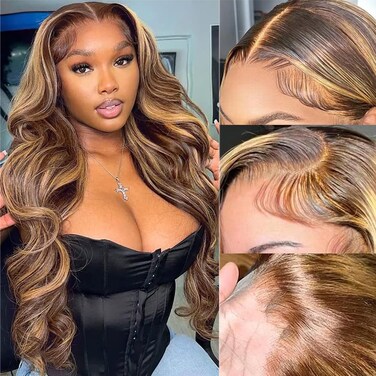 𝐒𝐔𝐍𝐓𝐔 13x6 Ombre Highlight Lace Front Wig 4/27 Body Wave Human Hair Wigs SKINLIKE Invisible Ultra-thin HD Transparent Lace Frontal Wigs Pre Plucked with Baby Hair 180% Density Wig(26 Inch)
