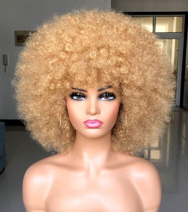 Short Afro Wig with Bangs for Black Women Afro Kinky Curly Wig 70s Premium Synthetic Big Afro Wig(Blonde)