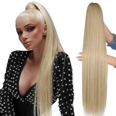 Straight Ponytail Extensions Blonde Highlights Drawsting Long Ponytail Clip in Hairpiece Synthetic Ponytail Hair Extensions for Black Women（32 Inch MT27/613, 6.70OZ）