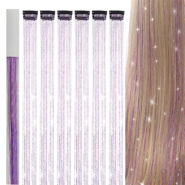 Hair Tinsel Kit, 47 Inches Glitter Heat Resistant Tinsel Hair Extensions Tensile with Hair Beads Wigs Tools &amp; Accessories Tools Gift Set for Halloween Christmas Decoration Women Girls (CLIP-PURPLE)
