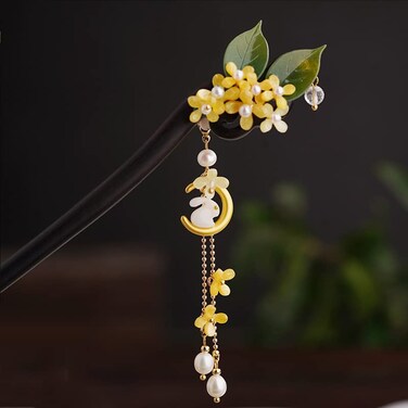 Camellia Flower Pearl Tassels Chinese Hanfu and Style Hair Retro Flower with Metal Handmade Hair Clip Hair Accessories for Women Girls Long Hair (Moon rabbit)