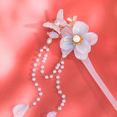 Blue Kapok Flower Pearl Tassels Hairpin Chinese Hanfu Style Hair Fork Retro Flower with Resin Handmade Hair Clip Hair Accessories for Women Girls Long Hair (Kapok)