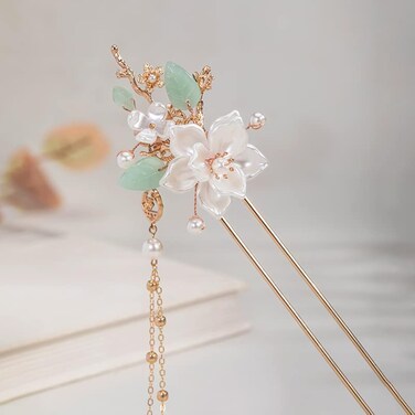 Camellia Flower Pearl Tassels Chinese Hanfu and Style Hair Retro Flower with Metal Handmade Hair Clip Hair Accessories for Women Girls Long Hair (Camellia)