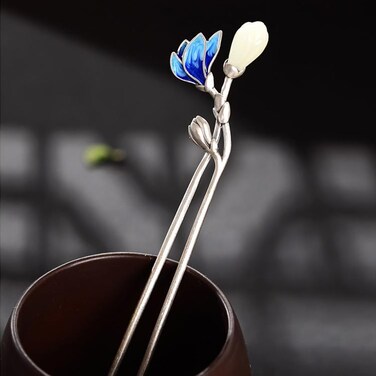 S925 Silver Jingde Blue with Jade Hairpin Chinese Hanfu Style Hair Sticks Retro Handmade Hair Clip for Women Girls Long Hair